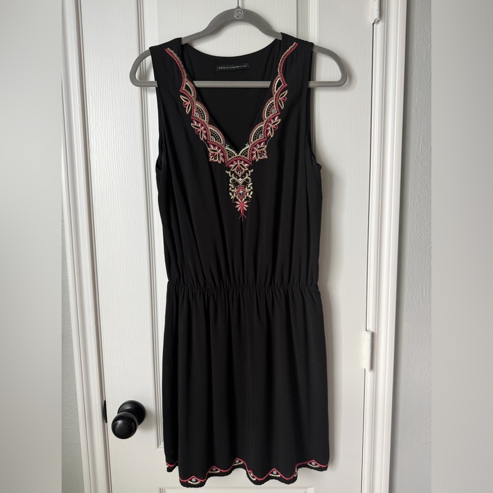 White House Black market  Embroidered Black Sleeveless Dress, Size large.